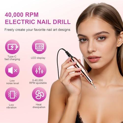 Professioneller elektrischer Nagelbohrer 40000 U/min, kabelloser Nagelfeiler mit 12 Bohraufsätzen, wiederaufladbar für Acryl-Gel-Polieren, Maniküre zu Hause und im Salon