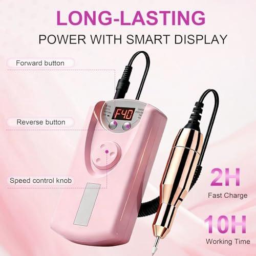 Professioneller elektrischer Nagelbohrer 40000 U/min, kabelloser Nagelfeiler mit 12 Bohraufsätzen, wiederaufladbar für Acryl-Gel-Polieren, Maniküre zu Hause und im Salon