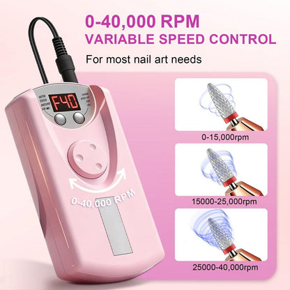 Professioneller elektrischer Nagelbohrer 40000 U/min, kabelloser Nagelfeiler mit 12 Bohraufsätzen, wiederaufladbar für Acryl-Gel-Polieren, Maniküre zu Hause und im Salon