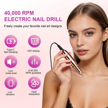 Professioneller elektrischer Nagelbohrer 40000 U/min, kabelloser Nagelfeiler mit 12 Bohraufsätzen, wiederaufladbar für Acryl-Gel-Polieren, Maniküre zu Hause und im Salon