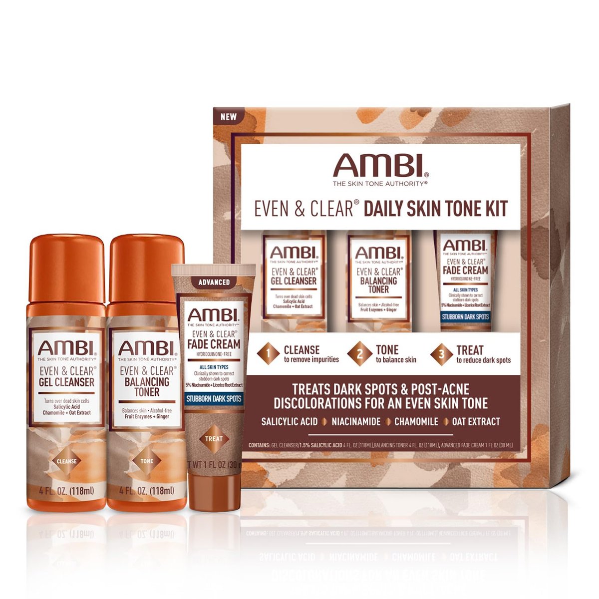 Ambi Even & Clear Daily Skin Tone Kit – 3-Stufen-Regime gegen Akne, dunkle Flecken und ungleichmäßigen Hautton (Reiniger + Toner + Advanced Fade Cream) mit Salicylsäure und Niacinamid