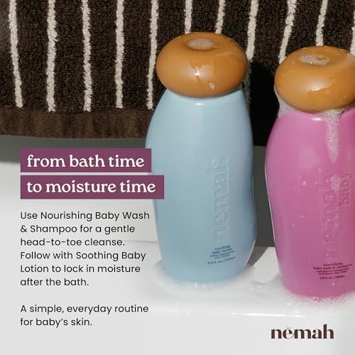 Nemah Baby Waschgel & Shampoo, 2-in-1 Babywaschmittel für Haare und Körper, Tränenfreies Shampoo und Duschgel mit Kamille, Aloe Vera und Jojobaöl, für Neugeborene und Kleinkinder, Vegan, Babybad Essentials, 9,8 Fl Oz