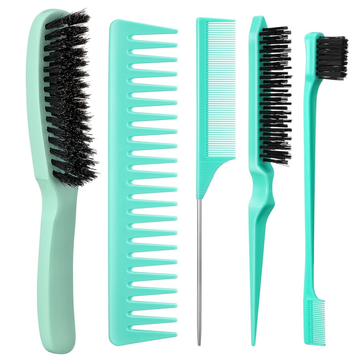 5-teiliges Slick Back Haarbürsten Set - Wildschweinborsten Glättbürste mit Edge Brush, Rattenschwanzkamm und Breitzahnkamm für Männer und Frauen - Glättet Frizz und fliegende Haare - Grün