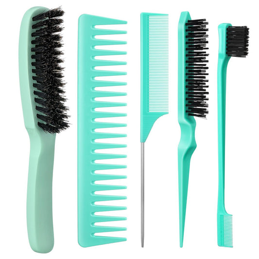 5-teiliges Slick Back Haarbürsten Set - Wildschweinborsten Glättbürste mit Edge Brush, Rattenschwanzkamm und Breitzahnkamm für Männer und Frauen - Glättet Frizz und fliegende Haare - Grün