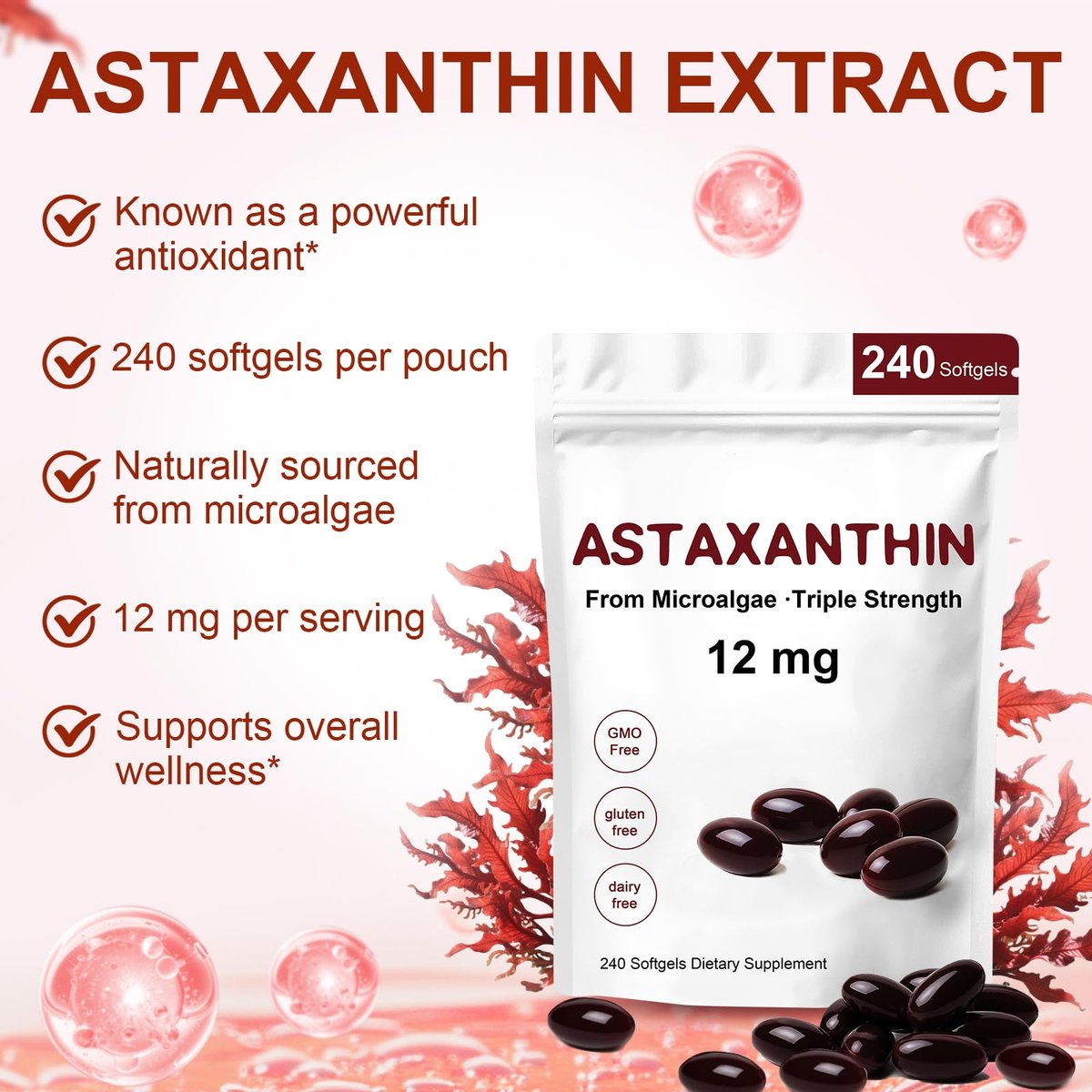 ZEYARUIBO Astaxanthin 12mg – Premium Antioxidant Kapseln für Augen-, Immun- und Hautgesundheit, 240 Weichkapseln