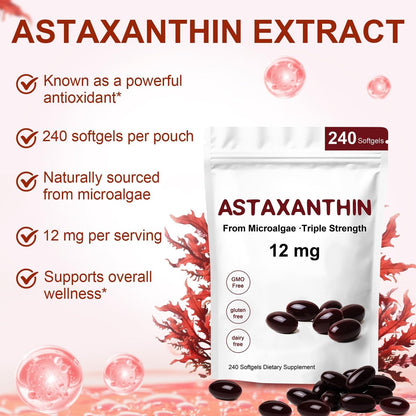 ZEYARUIBO Astaxanthin 12mg – Premium Antioxidant Kapseln für Augen-, Immun- und Hautgesundheit, 240 Weichkapseln