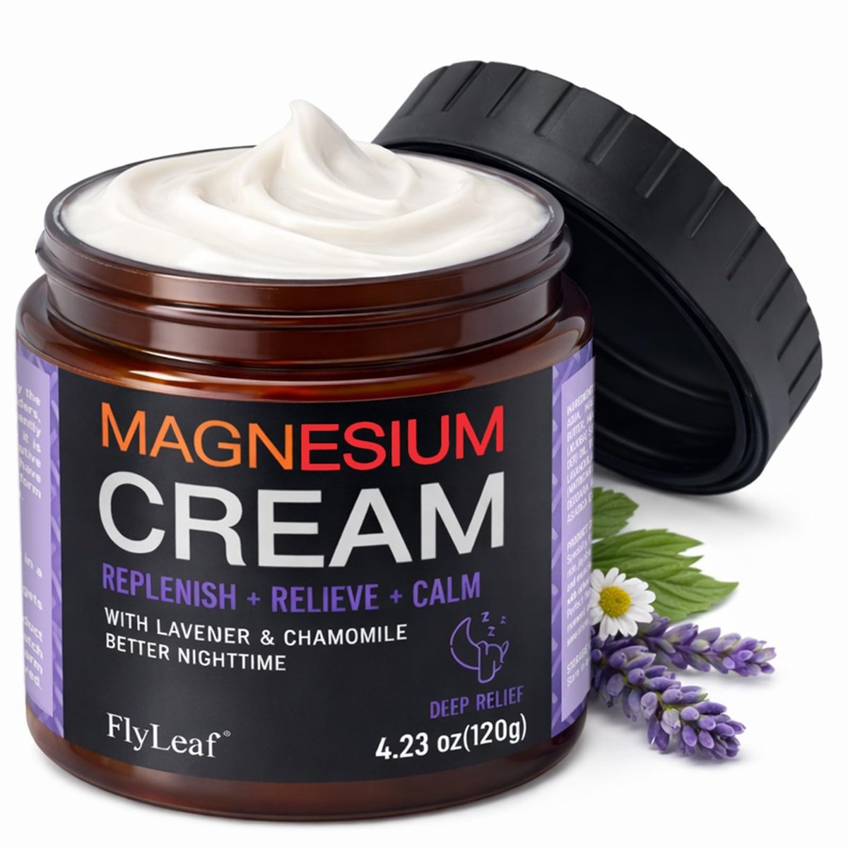 FLYLEAF Magnesium Creme für Schlaf, Beinkrämpfe & Muskelkater – Topische Magnesiumchlorid Creme mit Lavendel & Kamille, Nachtpflege für Ruhe & Entspannung, 120 ml