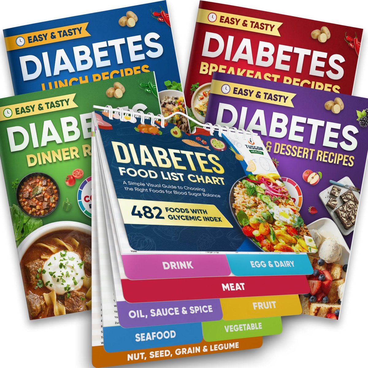 Diabetes-Lebensmittelliste und Mahlzeitenplaner-Kit – 480+ Lebensmittel & 100 Rezepte – Kohlenhydrate, Kalorien & Protein-Tracker – Niedriger glykämischer Index für Typ 1 & 2 Diabetes