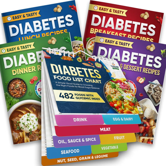 Diabetes-Lebensmittelliste und Mahlzeitenplaner-Kit – 480+ Lebensmittel & 100 Rezepte – Kohlenhydrate, Kalorien & Protein-Tracker – Niedriger glykämischer Index für Typ 1 & 2 Diabetes