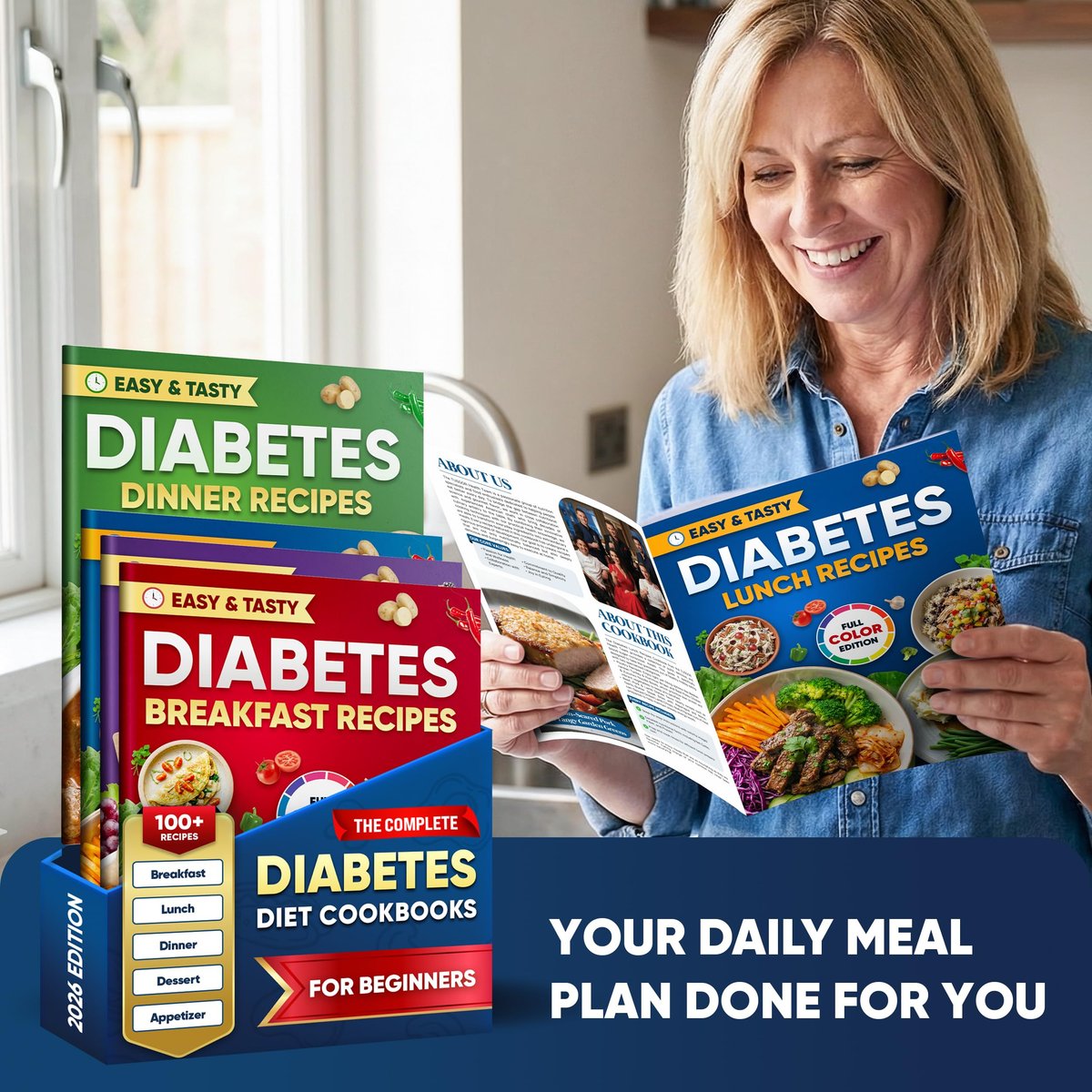 Komplettes Diabetes-Kochbuch-Set (4 Bücher) – 100 einfache Diabetiker-Rezepte für Frühstück, Mittagessen, Abendessen & Dessert – Inklusive vollständiger Nährwertangaben, Kohlenhydratzahlen & Schritt-für-Schritt-Anleitungen – Niedriger GI-Index