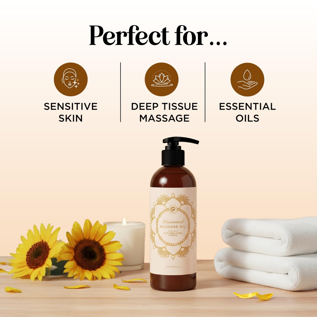 Unparfümiertes Massageöl für Massagetherapie – Sanftes und luxuriöses unparfümiertes Körperöl für die Ganzkörperpflege mit Süßmandel-, Sonnenblumen-, Jojobaöl und Vitamin E – Vegan, Nicht-GVO & Glutenfrei (240 ml)