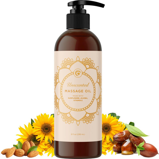 Unparfümiertes Massageöl für Massagetherapie – Sanftes und luxuriöses unparfümiertes Körperöl für die Ganzkörperpflege mit Süßmandel-, Sonnenblumen-, Jojobaöl und Vitamin E – Vegan, Nicht-GVO & Glutenfrei (240 ml)