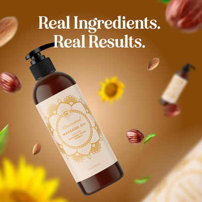Unparfümiertes Massageöl für Massagetherapie – Sanftes und luxuriöses unparfümiertes Körperöl für die Ganzkörperpflege mit Süßmandel-, Sonnenblumen-, Jojobaöl und Vitamin E – Vegan, Nicht-GVO & Glutenfrei (240 ml)