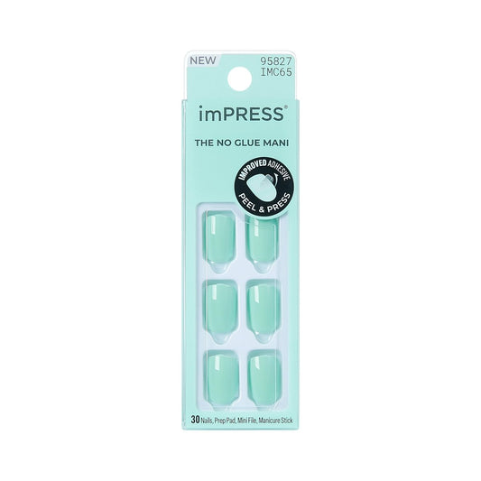 imPRESS Kiss Impress No Glue Mani Press On Nägel, Farbe 'Get Closer', Grün, Kurze Länge, Squoval Form, Inklusive 30 Nägel, Vorbereitungspad, Anleitung, 1 Manikürestab, 1 Mini Feile