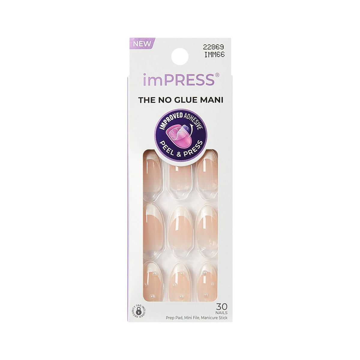 Kiss Impress No Glue Mani Press On Nägel, Design 'Chills', Weiß, Medium, Mandelform, 30 Nägel, Vorbereitungspad, Anleitung, Manikürestab, Mini-Feile