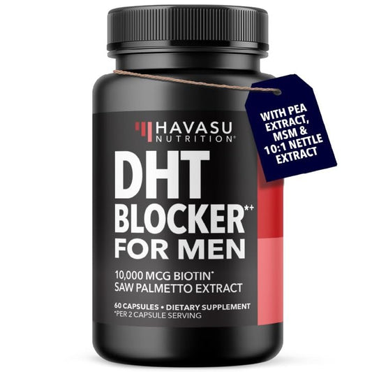 DHT Blocker für Männer mit Biotin 10000mcg pro Portion, Sägepalmen-Extrakt & MSM – Unterstützt normales, gesundes Haarwachstum – Mit Erbsen-Extrakt & Brennnessel – Vegan, Nicht-GMO, Glutenfrei – 30 Portionen