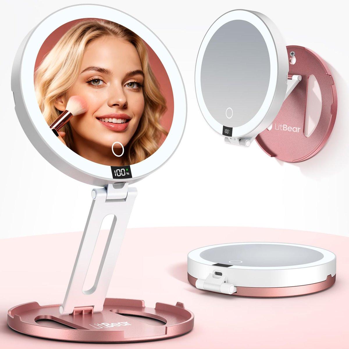 LitBear Reisespiegel mit Licht, faltbarer doppelseitiger 10X/1X Vergrößerungsspiegel, wiederaufladbarer tragbarer beleuchteter Make-up-Spiegel, 3 Lichttöne, dimmbarer Touchscreen, Smart Display