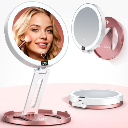 LitBear Reisespiegel mit Licht, faltbarer doppelseitiger 10X/1X Vergrößerungsspiegel, wiederaufladbarer tragbarer beleuchteter Make-up-Spiegel, 3 Lichttöne, dimmbarer Touchscreen, Smart Display
