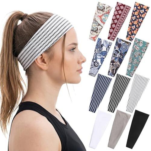 JATEBI 12er-Pack Boho-Stirnbänder für Damen – Modische breite Stirnbänder, rutschfeste Yoga- & Sport-Stirnbänder