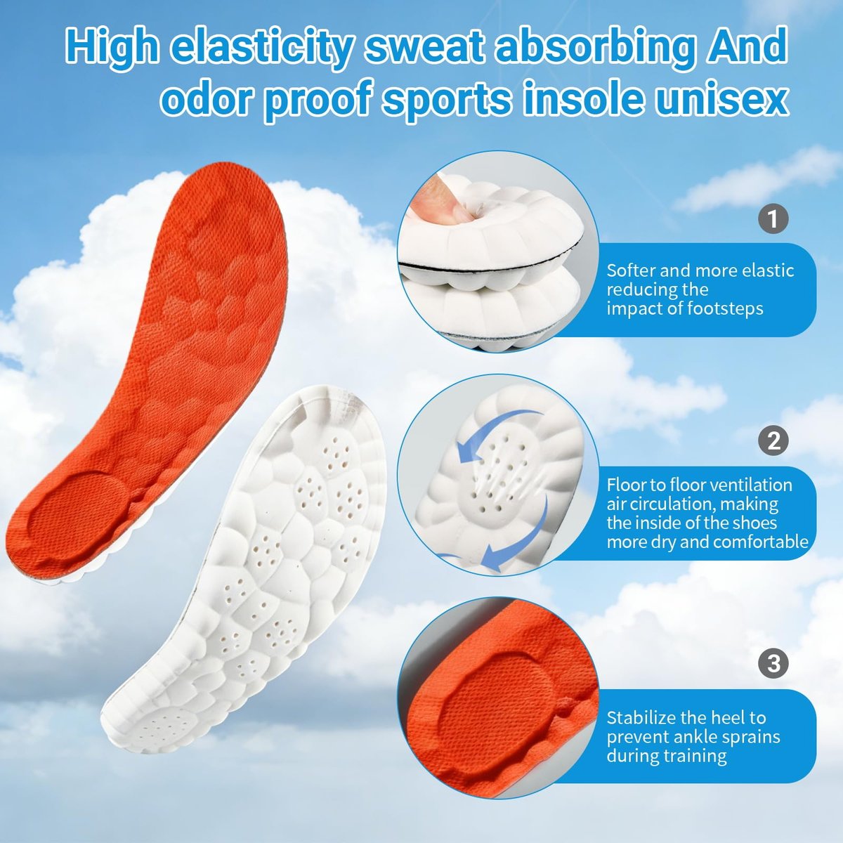 2026 Neue Stepp-Einlegesohlen für Damen und Herren, 4D Cloud Memory Foam Superweiche Einlegesohlen, Ersatz-Schuheinlagen, Stoßdämpfend, Anti-Ermüdung, Ganztägiger Komfort (Orange, Damen 6.5-7)