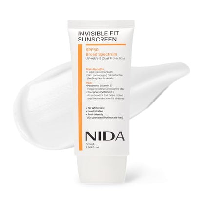 NIDA Invisible Fit Sonnencreme SPF 50 Breitband UV-A/UV-B Schutz | Kein Weißstich, geringe Reizung, feuchtigkeitsspendende leichte Lotion für alle Hauttypen | 50 ml