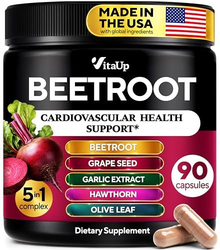VitaUp Rote Bete Kapseln - Hergestellt in den USA für normale Durchblutung, Stickstoffmonoxid & Herzunterstützung - 5-in-1 Rote Bete mit Traubenkernextrakt, Knoblauchextrakt, Weißdornbeere, Olivenblatt - 90 vegane Kapseln