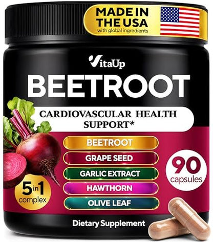 VitaUp Rote Bete Kapseln - Hergestellt in den USA für normale Durchblutung, Stickstoffmonoxid & Herzunterstützung - 5-in-1 Rote Bete mit Traubenkernextrakt, Knoblauchextrakt, Weißdornbeere, Olivenblatt - 90 vegane Kapseln
