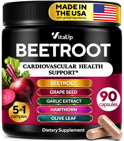 VitaUp Rote Bete Kapseln - Hergestellt in den USA für normale Durchblutung, Stickstoffmonoxid & Herzunterstützung - 5-in-1 Rote Bete mit Traubenkernextrakt, Knoblauchextrakt, Weißdornbeere, Olivenblatt - 90 vegane Kapseln
