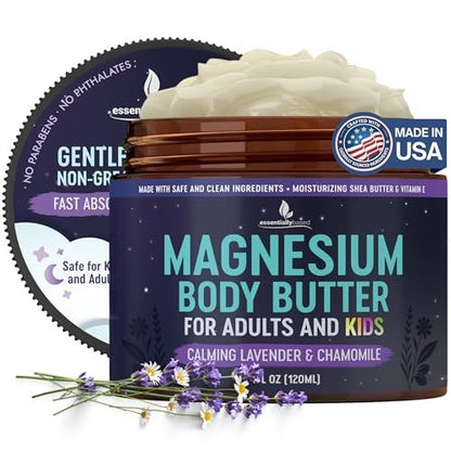 Magnesium Butter für Erwachsene & Kinder 4oz - Natürliche Magnesium Lotion für Schlaf - Topische Creme gegen Beinkrämpfe - Muskelentspannungscreme mit Sheabutter & Vitamin E
