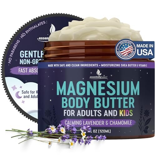 Magnesium Butter für Erwachsene & Kinder 4oz - Natürliche Magnesium Lotion für Schlaf - Topische Creme gegen Beinkrämpfe - Muskelentspannungscreme mit Sheabutter & Vitamin E