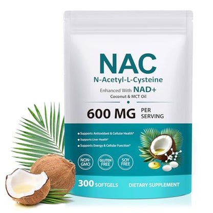 AIQIUSHA NAC 600 mg Supplement – N-Acetylcystein Kapseln mit Kokosnuss- & MCT-Öl, unterstützt antioxidative Aktivität & Zellfunktion, Non-GMO, glutenfrei, 300 Weichkapseln (1 Packung)