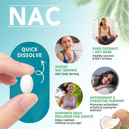 AIQIUSHA NAC 600 mg Supplement – N-Acetylcystein Kapseln mit Kokosnuss- & MCT-Öl, unterstützt antioxidative Aktivität & Zellfunktion, Non-GMO, glutenfrei, 300 Weichkapseln (1 Packung)