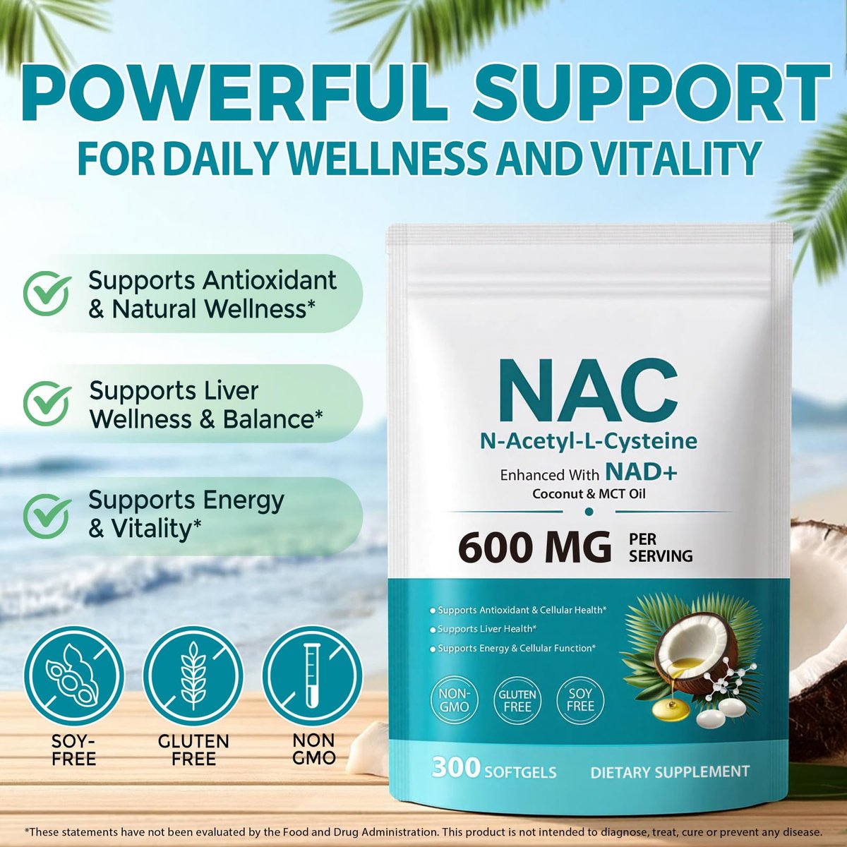 AIQIUSHA NAC 600 mg Supplement – N-Acetylcystein Kapseln mit Kokosnuss- & MCT-Öl, unterstützt antioxidative Aktivität & Zellfunktion, Non-GMO, glutenfrei, 300 Weichkapseln (1 Packung)