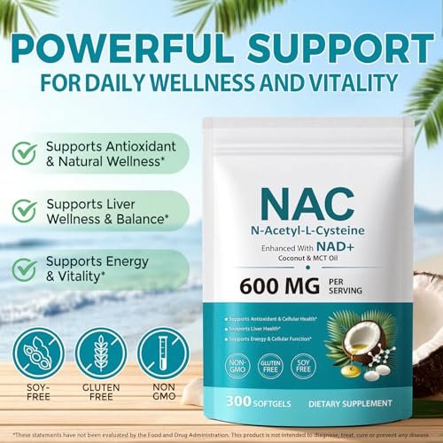 AIQIUSHA NAC 600 mg Supplement – N-Acetylcystein Kapseln mit Kokosnuss- & MCT-Öl, unterstützt antioxidative Aktivität & Zellfunktion, Non-GMO, glutenfrei, 300 Weichkapseln (1 Packung)