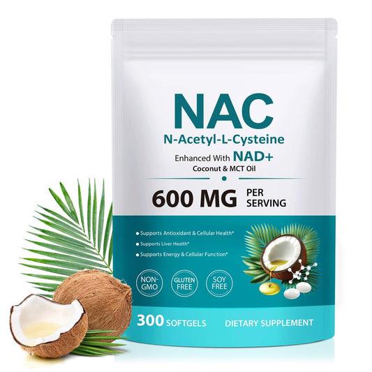 AIQIUSHA NAC 600 mg Supplement – N-Acetylcystein Kapseln mit Kokosnuss- & MCT-Öl, unterstützt antioxidative Aktivität & Zellfunktion, Non-GMO, glutenfrei, 300 Weichkapseln (1 Packung)