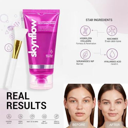 Collagen Night Wrapping Mask + Plumping Serum Niacinamide Peel Off Mask für Feuchtigkeit & Elastizität, Unterstützt Festigkeit & belebt müde Haut, Hydrolysiertes Kollagen für alle Hauttypen