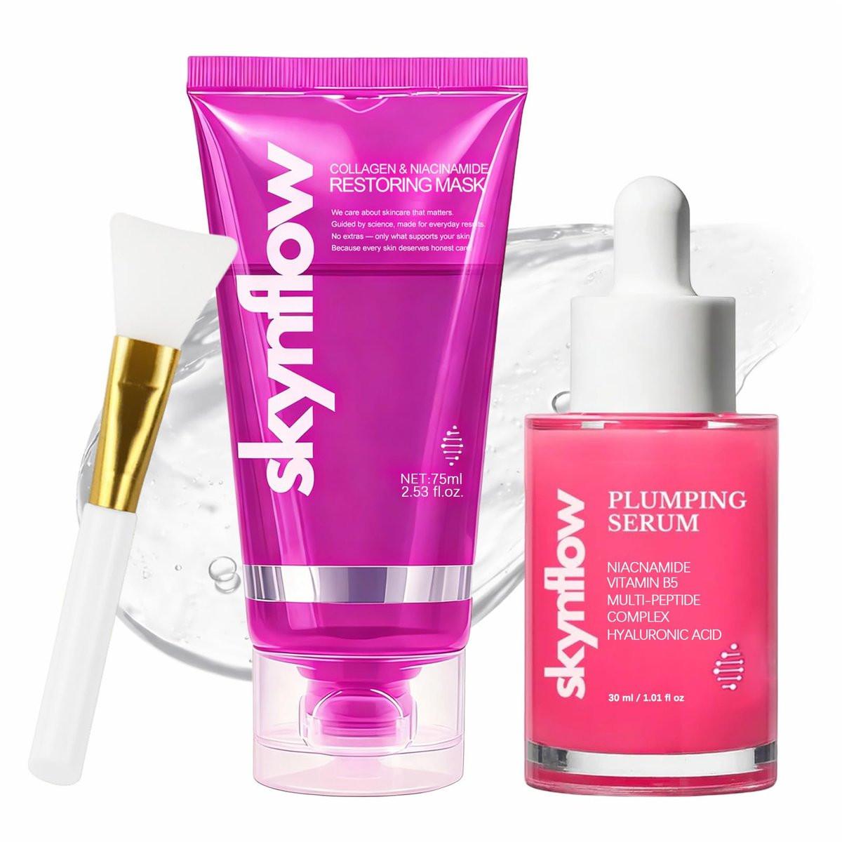 Collagen Night Wrapping Mask + Plumping Serum Niacinamide Peel Off Mask für Feuchtigkeit & Elastizität, Unterstützt Festigkeit & belebt müde Haut, Hydrolysiertes Kollagen für alle Hauttypen