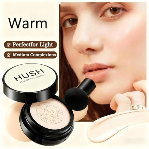 Hush Makeup Foundation für ältere Frauen | Warm - Perfekt für helle/mittlere Hauttöne | Mushroom Head Air Cushion CC Cream langanhaltende, vollständige Deckkraft | Feuchtigkeitsspendender Korrektor für ebenmäßige, reife Haut