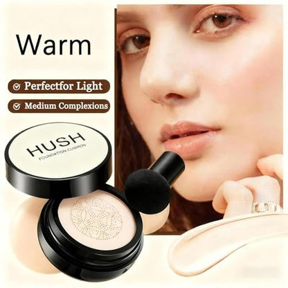 Hush Makeup Foundation für ältere Frauen | Warm - Perfekt für helle/mittlere Hauttöne | Mushroom Head Air Cushion CC Cream langanhaltende, vollständige Deckkraft | Feuchtigkeitsspendender Korrektor für ebenmäßige, reife Haut