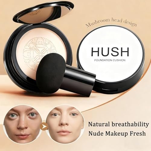 Hush Makeup Foundation für ältere Frauen | Warm - Perfekt für helle/mittlere Hauttöne | Mushroom Head Air Cushion CC Cream langanhaltende, vollständige Deckkraft | Feuchtigkeitsspendender Korrektor für ebenmäßige, reife Haut