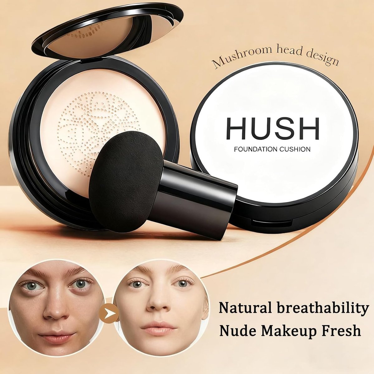 Hush Makeup Foundation für ältere Frauen | Warm - Perfekt für helle/mittlere Hauttöne | Mushroom Head Air Cushion CC Cream langanhaltende, vollständige Deckkraft | Feuchtigkeitsspendender Korrektor für ebenmäßige, reife Haut