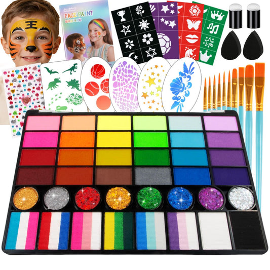52 Farben Profi-Gesichtsbemalungsset für Kinder – Ungiftig, wasseraktiviert, mit Glitzer, Pinseln, Schwämmen und Schablonen für Partys, Halloween, Schulveranstaltungen und Feste