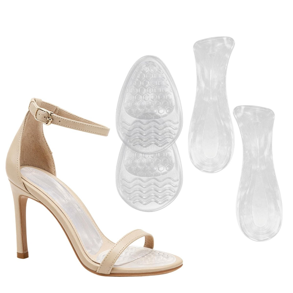 Gewichtsverlagernde Gel-Einlegesohlen für High Heels & Sandalen – Transparente, rutschfeste Komfortpads für Damen für schmerzfreies Tragen in offenen Schuhen, 3-Größen-Set (Klein – US 6-7,5 Damenschuhe)