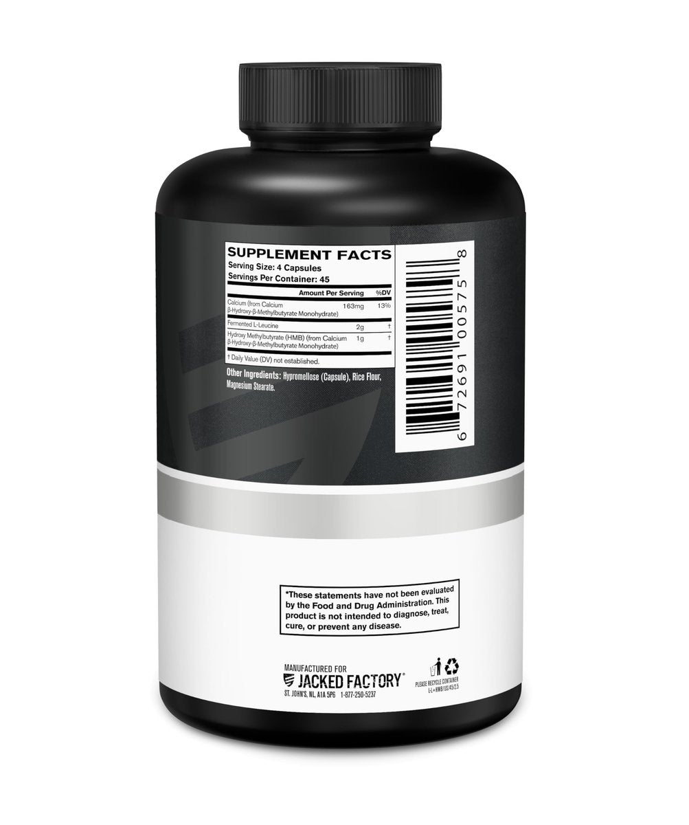 Jacked Factory HMB + Leucine Kapseln - L-Leucin 2g, HMB 1g - Stimuliere Muskelwachstum, schütze magere Muskelmasse und verbessere die sportliche Leistung - 180 Kapseln