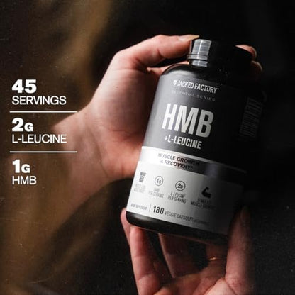 Jacked Factory HMB + Leucine Kapseln - L-Leucin 2g, HMB 1g - Stimuliere Muskelwachstum, schütze magere Muskelmasse und verbessere die sportliche Leistung - 180 Kapseln