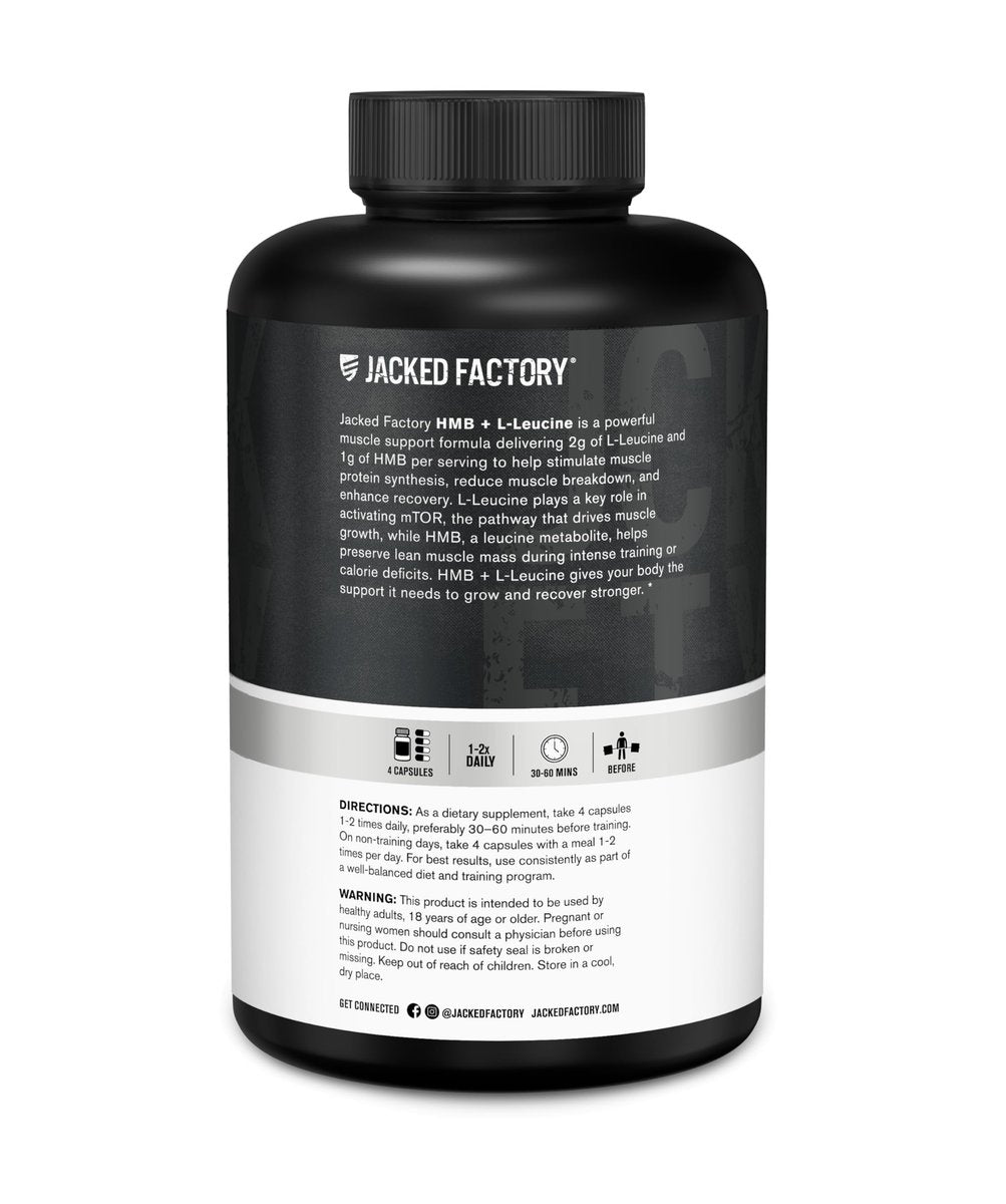Jacked Factory HMB + Leucine Kapseln - L-Leucin 2g, HMB 1g - Stimuliere Muskelwachstum, schütze magere Muskelmasse und verbessere die sportliche Leistung - 180 Kapseln