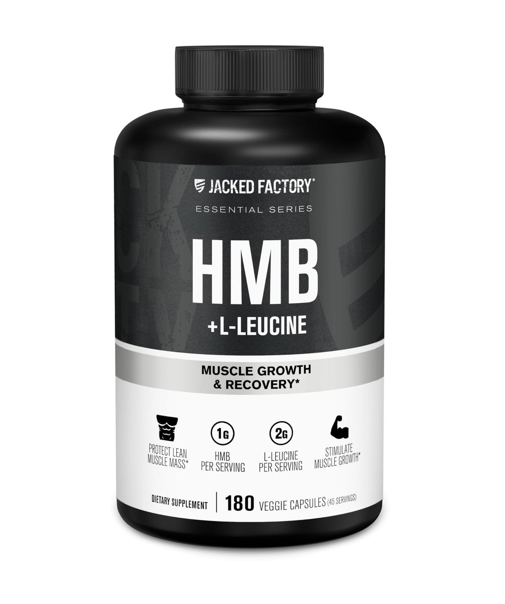 Jacked Factory HMB + Leucine Kapseln - L-Leucin 2g, HMB 1g - Stimuliere Muskelwachstum, schütze magere Muskelmasse und verbessere die sportliche Leistung - 180 Kapseln