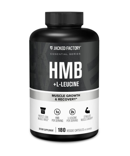 Jacked Factory HMB + Leucine Kapseln - L-Leucin 2g, HMB 1g - Stimuliere Muskelwachstum, schütze magere Muskelmasse und verbessere die sportliche Leistung - 180 Kapseln