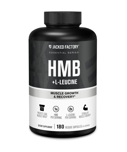 Jacked Factory HMB + Leucine Kapseln - L-Leucin 2g, HMB 1g - Stimuliere Muskelwachstum, schütze magere Muskelmasse und verbessere die sportliche Leistung - 180 Kapseln