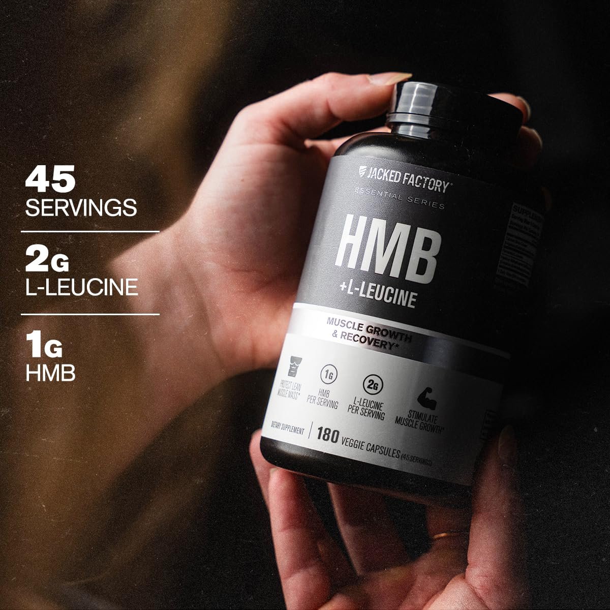 Jacked Factory HMB + Leucine Kapseln - L-Leucin 2g, HMB 1g - Stimuliere Muskelwachstum, schütze magere Muskelmasse und verbessere die sportliche Leistung - 180 Kapseln